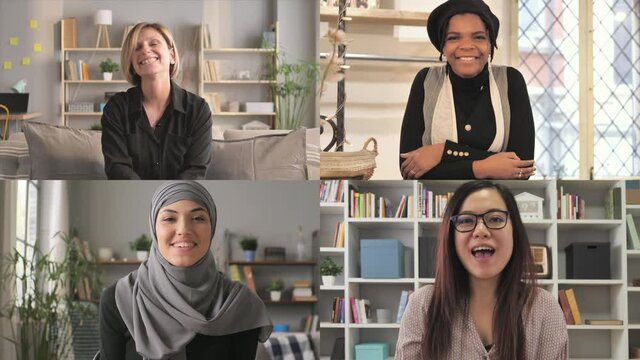 composition of four multicultural multiethnic women having a video call group on multiscreen,montage of multiracial female friends conferencing chatting remote on multi screen application