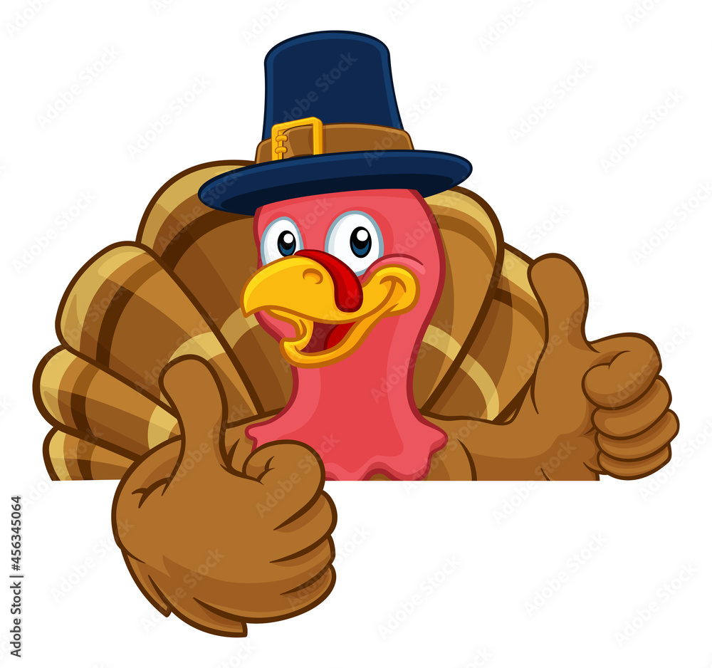 Wall mural turkey pilgrim hat thanksgiving cartoon character