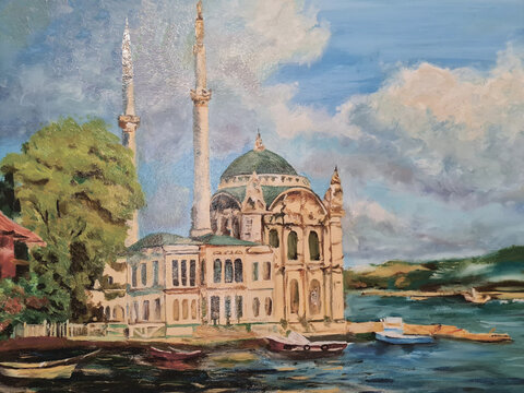 mosque, landmark of the city of Istanbul on the seashore with boats in the water with a green tree, sunny Turkey oil painting