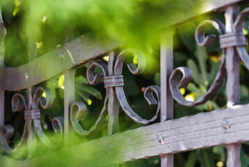 Wrought Iron Fence. Metal fence ornament close up
