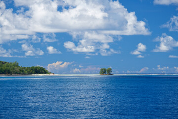 View of a rocky islet with two trees surrounded by turquoise water lagoon in La Digue Island, Seychelles