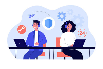 Man and woman working in call center within 24 hours. Flat vector illustration. Young people with headsets answering calls in support or service center. Communication, support, help concept