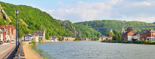 Panoramic view from the embankment of Dinant, Belgium. Cityscape. Travel destinations, national...