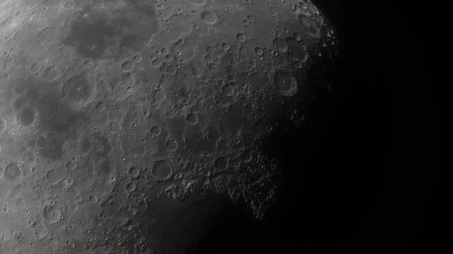Moon in deep space. Spaceship flies near Moon. 3d model of moon