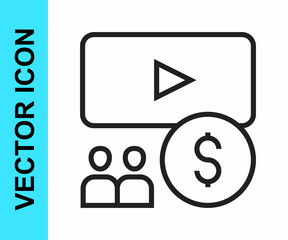 Black line Cinema auditorium with screen icon isolated on white background. Vector