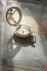 Retro style antique golden compass (sundial) and old nautical chart close-up. Vintage still life....