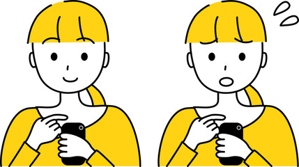 スマホを操作する女性　笑顔と困り顔セット