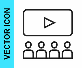 Black line Cinema auditorium with screen icon isolated on white background. Vector