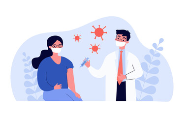 Doctor giving patient vaccine against coronavirus. Flat vector illustration. Woman and man wearing masks, participating in vaccination process. Medicine, vaccination, immunity, COVID19 concept