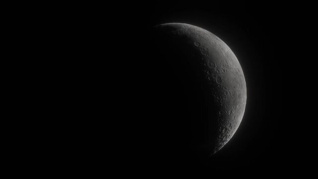 Moon in deep space. Spaceship flies near Moon. 3d model of moon