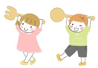 ワクワクしながら大きなスプーンとフォークを運ぶ女の子と男の子
