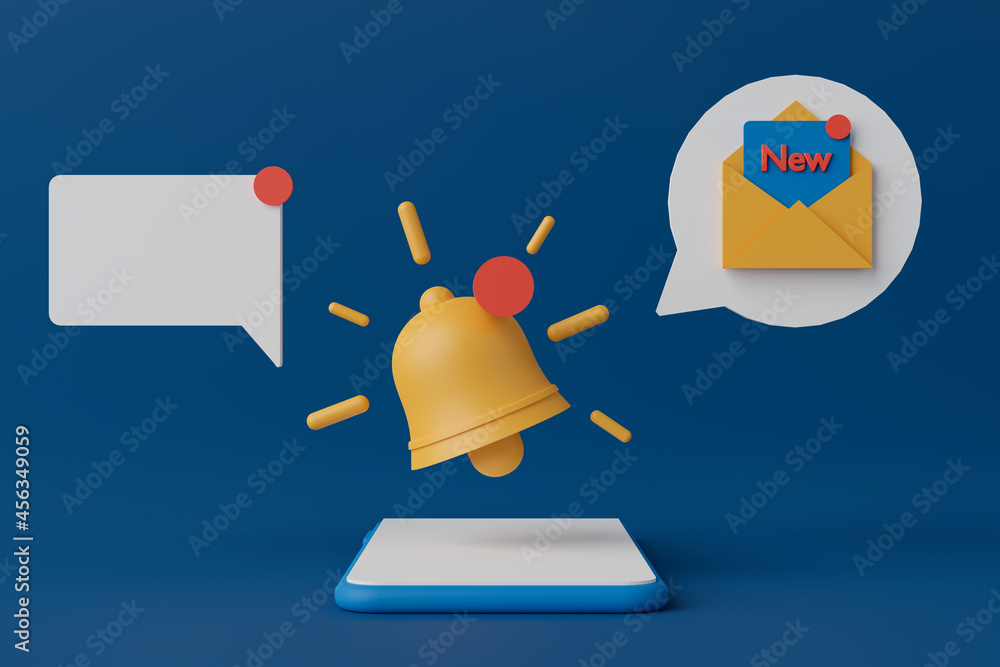 Poster 3d rendering notification center on smartphone with blank speech bubbles, mail icon.