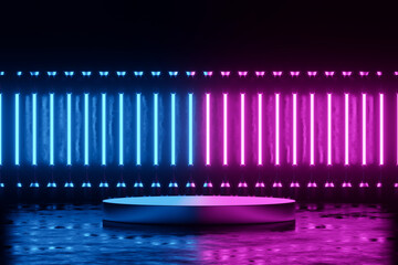 3d rendering empty cylinder podium with pink and blue neon light.