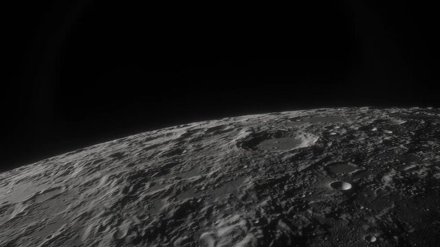 Moon in deep space. Spaceship flies near Moon. 3d model of moon