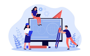 Fototapeta premium Tiny engineer cartoon characters working on project together. Man holding compass or divider, woman in helmet, girl sitting on monitor flat vector illustration. Technology, engineering, math concept