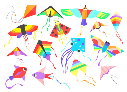 Set of colorful flying wind kites. Cartoon vector illustration. Flying kites with tales, ribbons and ornaments of different types as butterfly, squid, bird, fish. Toy, wind, festival concept