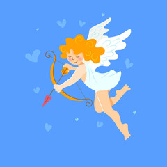 Cupid in a white toga flies in the sky and aims an arrow with a heart from a bow. The blonde cherub spreads love and romance among people. Cartoon flat vector illustration.
