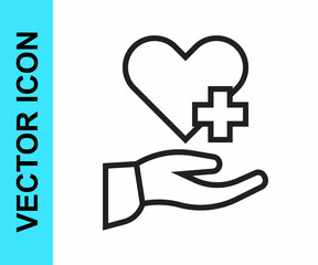 Obraz premium Black line Heart with a cross icon isolated on white background. First aid. Healthcare, medical and pharmacy sign. Vector