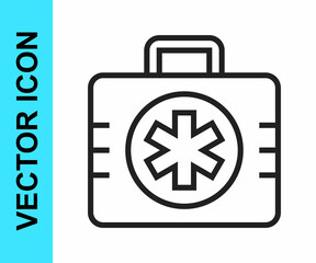 Obraz premium Black line First aid kit icon isolated on white background. Medical box with cross. Medical equipment for emergency. Healthcare concept. Vector
