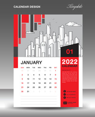 Calendar 2022 design template, January layout, calendar date, Desk calendar template, Wall calendar 2022 year, Planner, week starts on sunday, printing media, Red square shape background, vector