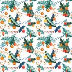 Hand drawn watercolor seamless pattern for wrapping paper, presents and textile. Christmas tree branches with serpentine and other decorations