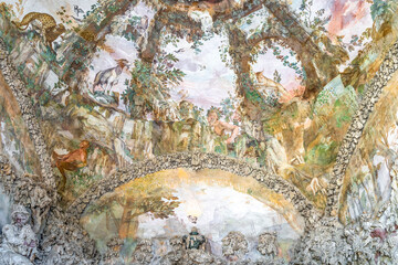 The frescoed ceiling of the Buontalenti Grotto in Boboli Gardens, built in the 16th century in Mannerist style, in Boboli Gardens, beside Pitti Palace, Florence, Tuscany, Italy