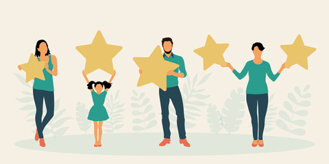 People are holding stars. Customers give feedback and leave positive feedback. Flat style. 