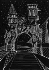Gate with towers above the road. Portal in magic world. Hand drawn illustration.