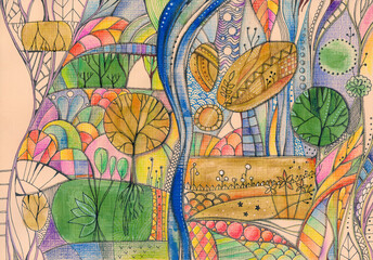 Abstract summer landscape with river, hills, forest, field. Multicolored ornament drawn with pencils and paints on peach-colored paper.