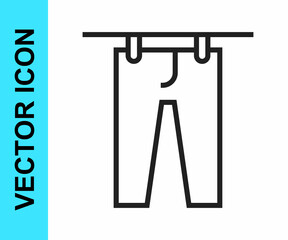 Black line Drying clothes icon isolated on white background. Clean pants. Wash clothes on a rope with clothespins. Clothing care and tidiness. Vector