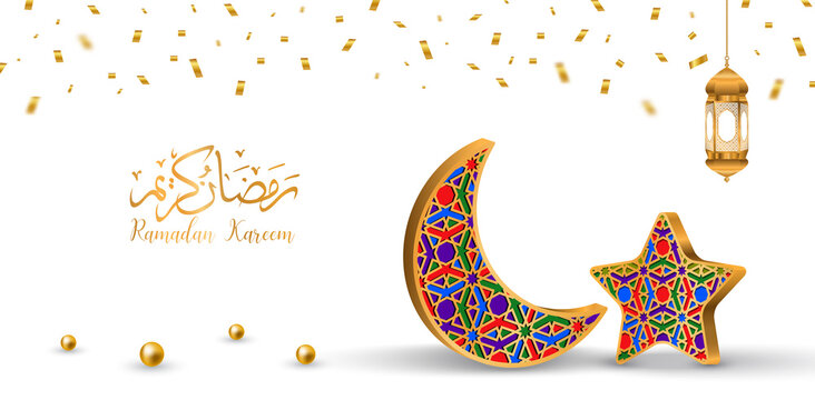  ramadan kareem white background Translation of text : Ramadan Kareem with golden lamp and confetti,illustrator EPS10.