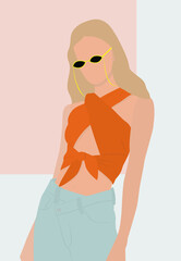Summer modern look. The girl with sunglasses. A young lady in an orange top and pants. Design for cards, posters, backgrounds, templates, textiles, avatars.