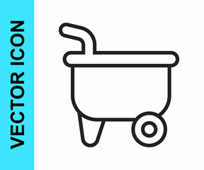 Black line Wheelbarrow icon isolated on white background. Tool equipment. Agriculture cart wheel farm. Vector