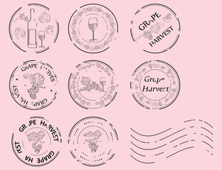 grape harvest - vector grundy print stamps with grape and wine glass