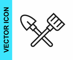 Black line Shovel and rake icon isolated on white background. Tool for horticulture, agriculture, gardening, farming. Ground cultivator. Vector