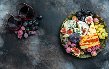 Wine and cheese, cheese platter, snacks, still life, Long banner format. top view