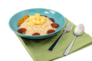 vegetable fried rice with sausage egg carrot bean in blue plate isolated on white background close up, top view, food, and drink concept.