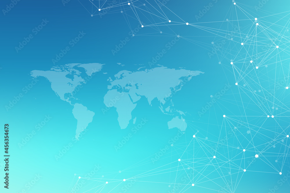 Aufkleber World map global technology networking concept. Digital data visualization. Lines plexus. Big Data background communication. Scientific illustration.