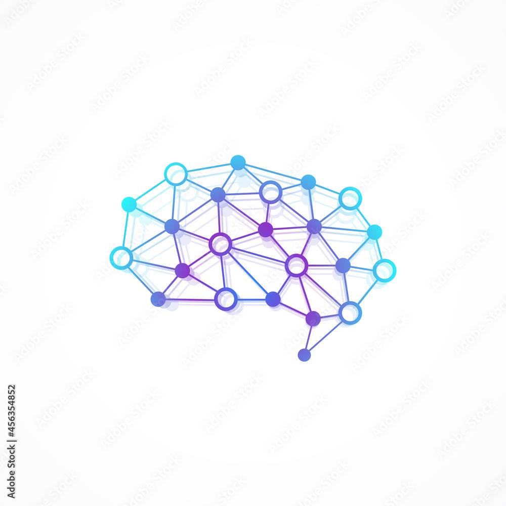 Poster Brain Logo silhouette design template with connected lines and dots. Artificial Intelligence Logo. Brainstorm think idea Logotype symbol icon concept, illustration