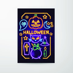 Halloween Neon Flyer. Vector Illustration of Scary Party Promotion.