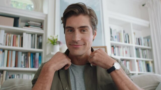 attractive young man having video chat using webcam at home chatting sharing lifestyle enjoying online communication on horizontal screen 4k footage