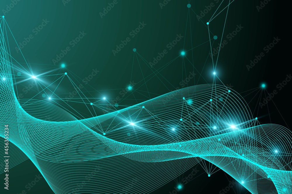 Poster Expansion of life. Colorful explosion background with connected line and dots, wave flow. Visualization Quantum technology. Abstract graphic background explosion, motion burst illustration.
