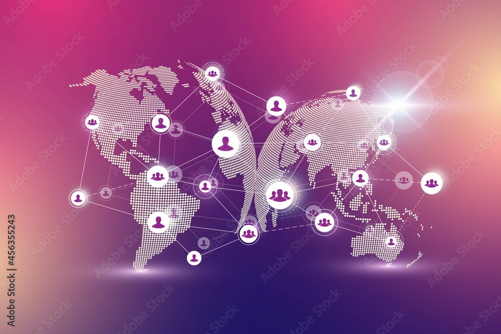 Fototapete World map point with global technology networking concept. Digital data visualization. Lines plexus. Big Data background communication. Scientific illustration.