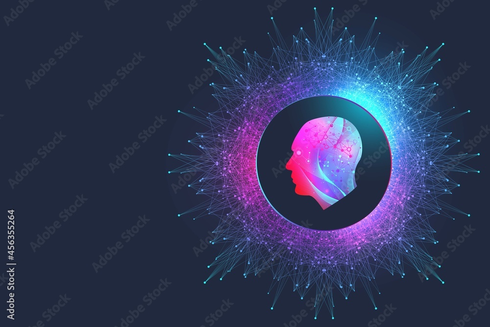 Poster artificial intelligence and machine learning illustration concept. human head outline with brain, il