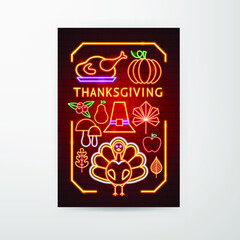 Thanksgiving Neon Flyer. Vector Illustration of Autumn Promotion.