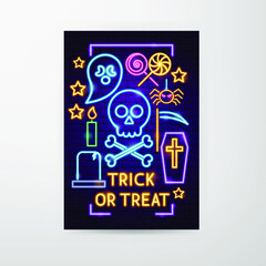 Trick or Treat Neon Flyer. Vector Illustration of Halloween Promotion.