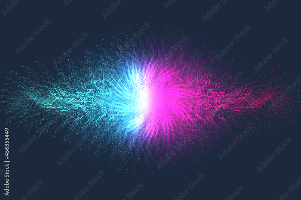 Poster Expansion of life. Colorful explosion background with connected line and dots, wave flow. Visualization Quantum technology. Abstract graphic background explosion, motion burst illustration.