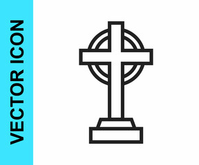 Black line Tombstone with cross icon isolated on white background. Grave icon. Happy Halloween party. Vector
