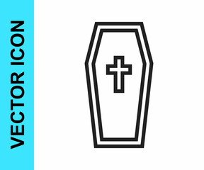 Black line Coffin with christian cross icon isolated on white background. Happy Halloween party. Vector