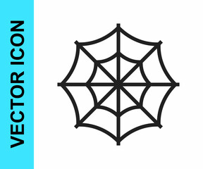 Naklejka premium Black line Spider web icon isolated on white background. Cobweb sign. Happy Halloween party. Vector